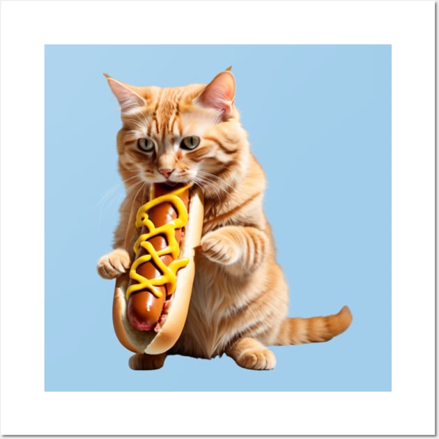 Funny junk food lover foodie hot dog hungry Cat Wall Art by Tina